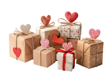 Charming heart-themed gift packages in soft pastel colors arranged artfully for a joyous celebration isolated on transparent background