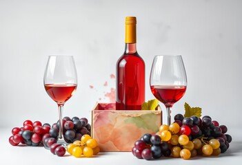 Fototapeta premium Watercolor box, wine bottle, grapes, empty wine glasses, ample negative space, box, copy space