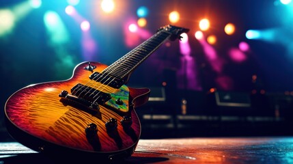 Fototapeta premium Electric guitar on stage, vibrant lights, music concert
