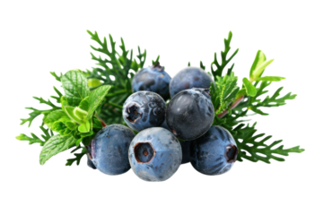 Fresh blueberries resting among vibrant green herbs, ready to enhance culinary delights and nutritious meals isolated on transparent background