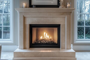 Elegant modern living room with black steel fireplace, white trim, flickering flames, and light beige marble stone panels. Simple framed artwork adds sophistication.