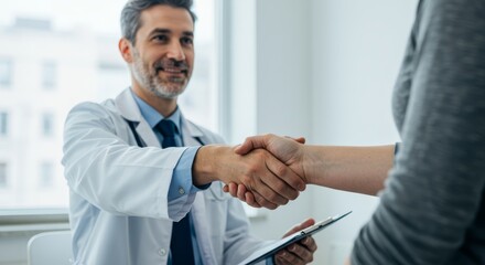 Obraz premium Doctor and Patient Handshake: Trust, Care, and Healing - A doctor and patient shake hands, symbolizing trust, care, healing, partnership