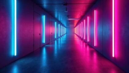 Fototapeta premium Intersection of vibrant neon lasers in sleek metallic corridor, modern, laser, clean