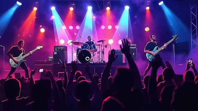Dynamic live music performance with a band on stage, colorful lights, and an engaged audience