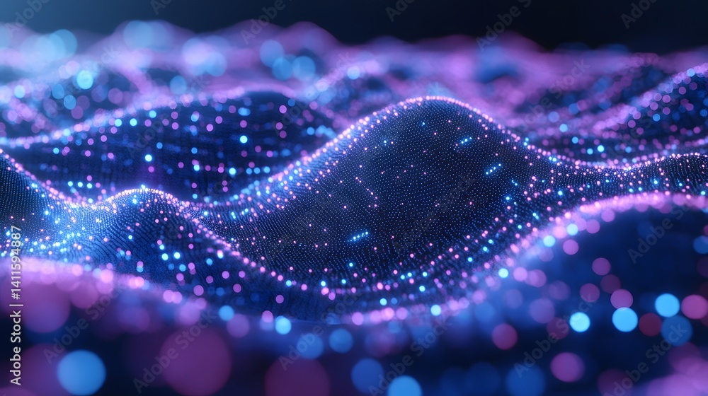 Poster abstract digital illustration of undulating particle formations.
