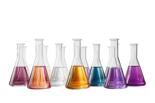 Colorful laboratory glassware filled with vibrant liquids arranged artistically on a bright white background in a modern science setting isolated on transparent background