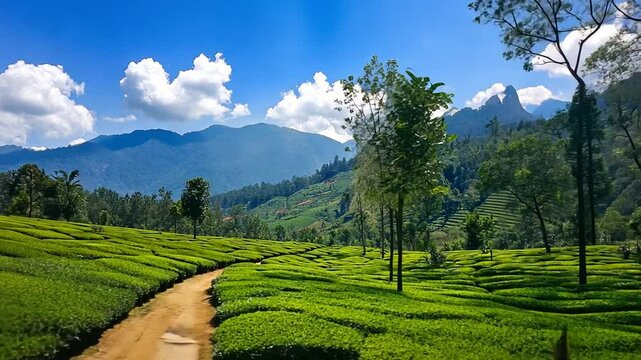 Breathtaking tea plantation landscape in Munnar hills under vibrant blue skies