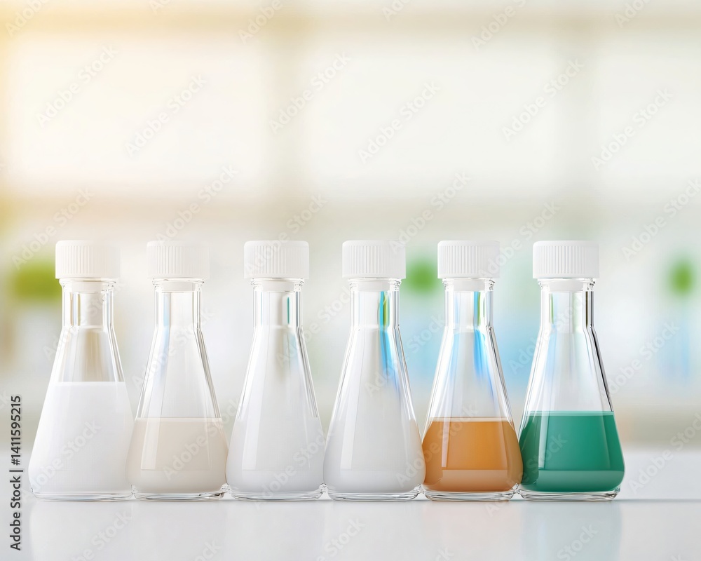Poster scientific research five erlenmeyer flasks with various liquids in a lab setting
