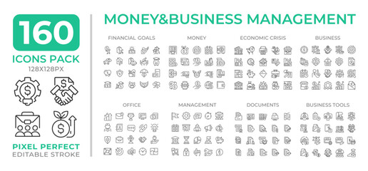 Money and business management line icons set collection. Corporate financial transactions control mega pack of linear pictograms, pixel perfect. Isolated vector illustrations. Editable stroke