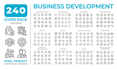 Business development line icons set collection. Strategy of corporate growth. Commercial planning mega pack of linear pictograms, pixel perfect. Isolated vector illustrations. Editable stroke