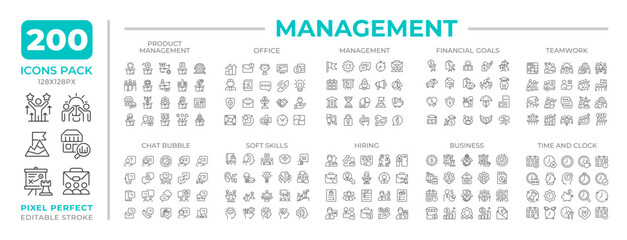 Management line icons set collection. Corporate workflow planning. Business activity coordination mega pack of linear pictograms, pixel perfect. Isolated vector illustrations. Editable stroke