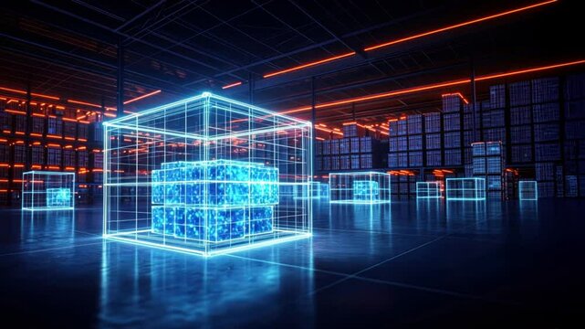 Glass cargo container inside dark warehouse surrounded by metal stacks, highlighting tech in robotic warehouses, Warehouse Robotics and Automated Storage