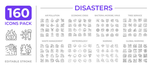 Disasters line icons set collection. Natural and technological catastrophes. Danger management mega pack of linear pictograms, pixel perfect. Isolated vector illustrations. Editable stroke