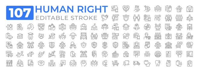 Human rights line icons set collection. Moral principles and norms regulated by laws. Legislation authority mega pack of linear pictograms. Isolated vector illustrations. Editable stroke