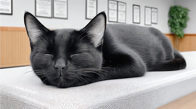 Serene Black Cat Resting on Padded Table in Veterinary Clinic