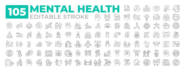 Mental health line icons set collection. Emotional, psychological and social wellbeing. Life balance maintaining mega pack of linear pictograms. Isolated vector illustrations. Editable stroke