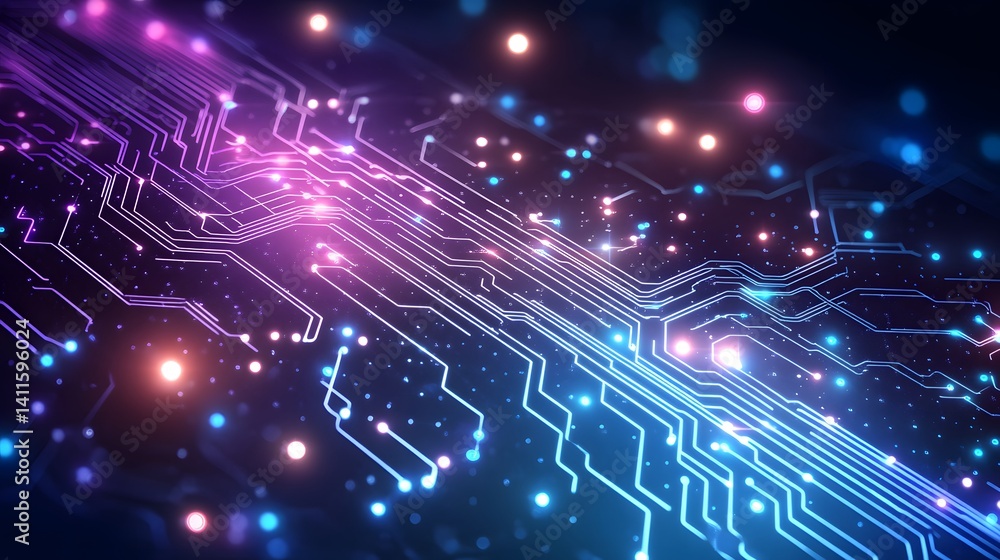 Poster intricate circuit board design with glowing pathways.