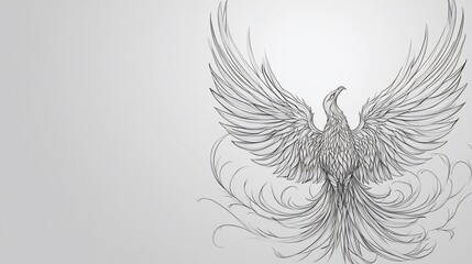 Majestic phoenix rising, grayscale sketch, light background, design element