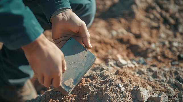 Geologist assessing mineral content in the soil near a lithium mine using a portable analyzer. Featuring mineral analysis