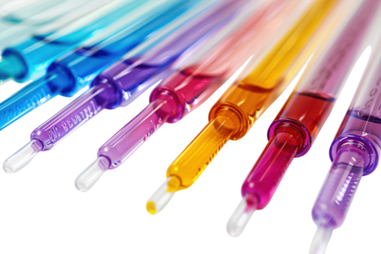Colorful ink pens arranged in a vibrant gradient on a white surface, showcasing creativity and artistic expression during a bright afternoon isolated on transparent background