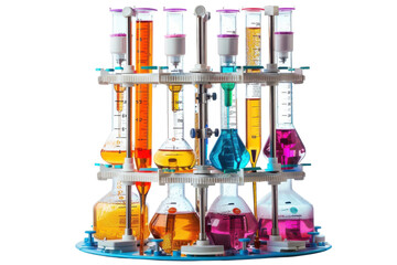 A vibrant laboratory setup featuring an array of colorful liquids in glassware during an engaging science experiment isolated on transparent background