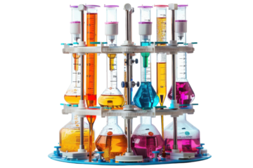 A vibrant laboratory setup featuring an array of colorful liquids in glassware during an engaging science experiment isolated on transparent background