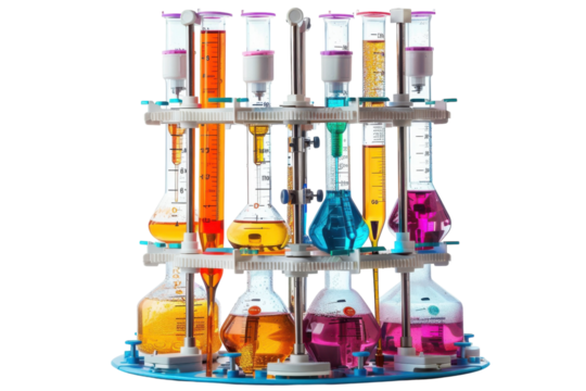 A vibrant laboratory setup featuring an array of colorful liquids in glassware during an engaging science experiment isolated on transparent background