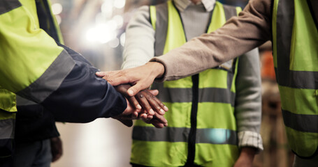 Hands, stack and team at warehouse for logistics, motivation and support for goals, target and...