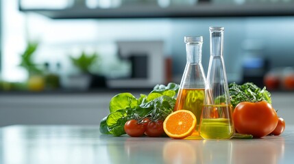 Healthy Oils Fresh Vegetables and Fruit with Two Erlenmeyer Flasks of Golden and Green Liquid