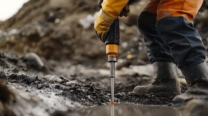 Fototapeta premium Geologist collecting core samples for lithium analysis at an exploration site. Featuring sample collection