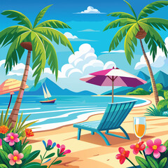 Obraz premium tropical beach with palm trees and umbrellas