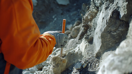 Geologist collecting rock core samples from a drilling site for further lithium evaluation. Featuring core collection