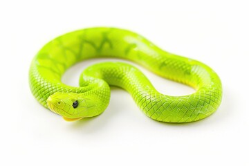 A vibrant green tree snake gracefully coils on a smooth, white surface, showcasing its stunning colors and natural beauty isolated on transparent background