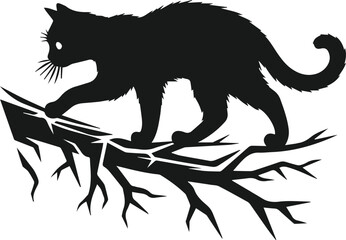 Cat with forest tree vector silhouette