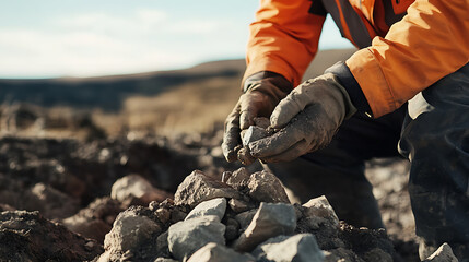 Geologist collecting rock samples from a lithium mining site for analysis. Featuring fieldwork