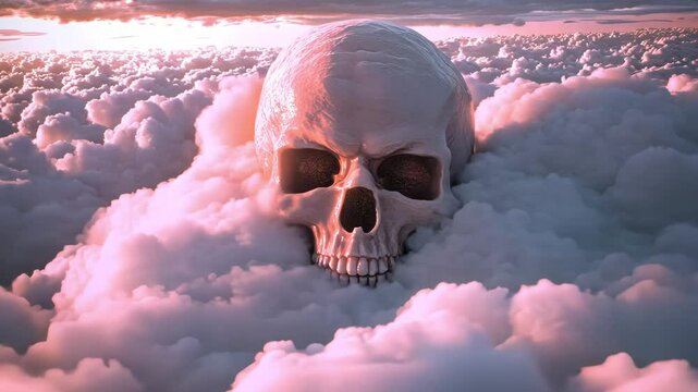 Clouds conceal a giant skull floating in the sunset sky above a serene landscape filled with mist and soft colors