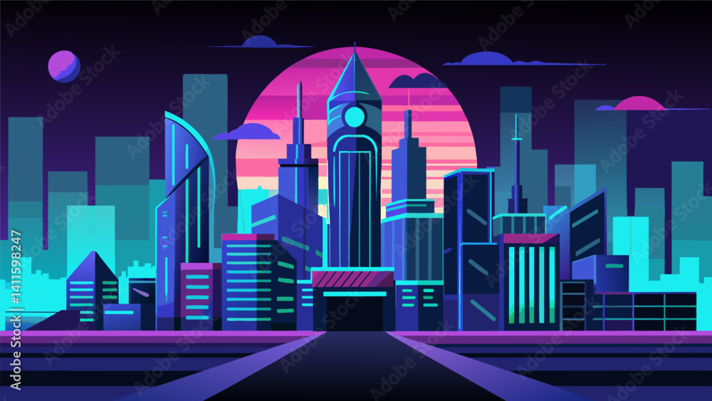 Poster a futuristic skyline with neon lights highlighting the use of artificial intelligence and big data i