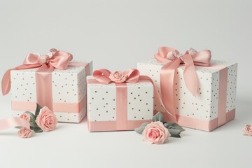 Charming gift boxes adorned with delicate pink ribbons and roses on a soft background, perfect for celebrations and special occasions isolated on transparent background