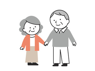 An illustration of an elderly couple smiling, holding hands and looking at each other. A simple and cute elderly couple going out.
