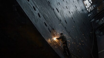 A shipbuilder welding metal sheets inside a shipyard. Featuring craftsmanship and large-scale engineering