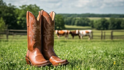 Pair of brown cowboy boots on green grass, with cows in background
