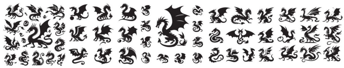 set of vector dragon silhouette icons