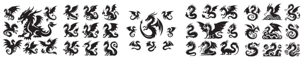 set of vector dragon silhouette icons