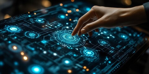Obraz premium Digital Hand Interaction with AI Gear Interface for Automation Technology