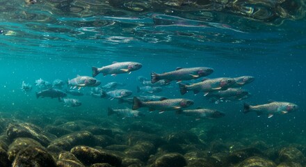 Fototapeta premium Serene Underwater School of Rainbow Trout: A Tranquil Aquatic Scene