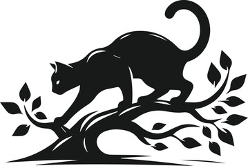 Cat with forest tree vector silhouette