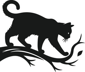 Cat with forest tree vector silhouette