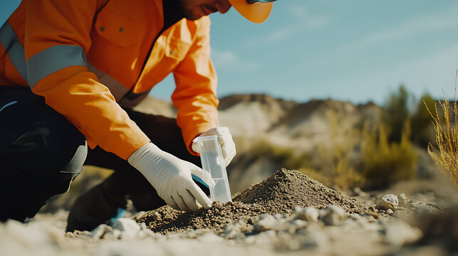 Geologist conducting a field test to measure the lithium concentration in soil at a mining site. Featuring field test