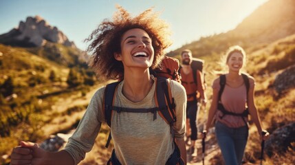 Happy hikers ascending a mountain trail.