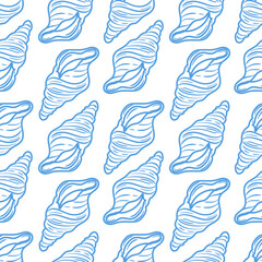 A seamless pattern of outlined shells that elegantly showcases the exquisite shape and nautical style. This minimalist design highlights the beauty, perfect for backgrounds, textiles and ocean themed